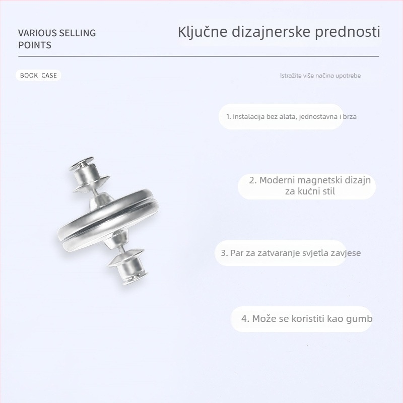 Zavjesna kopča s jakim magnetskim zatvaranjem, višekratna upotreba, aluminijska legura, uklonjivo magnetsko zatvaranje, sprječava propuštanje svjetla