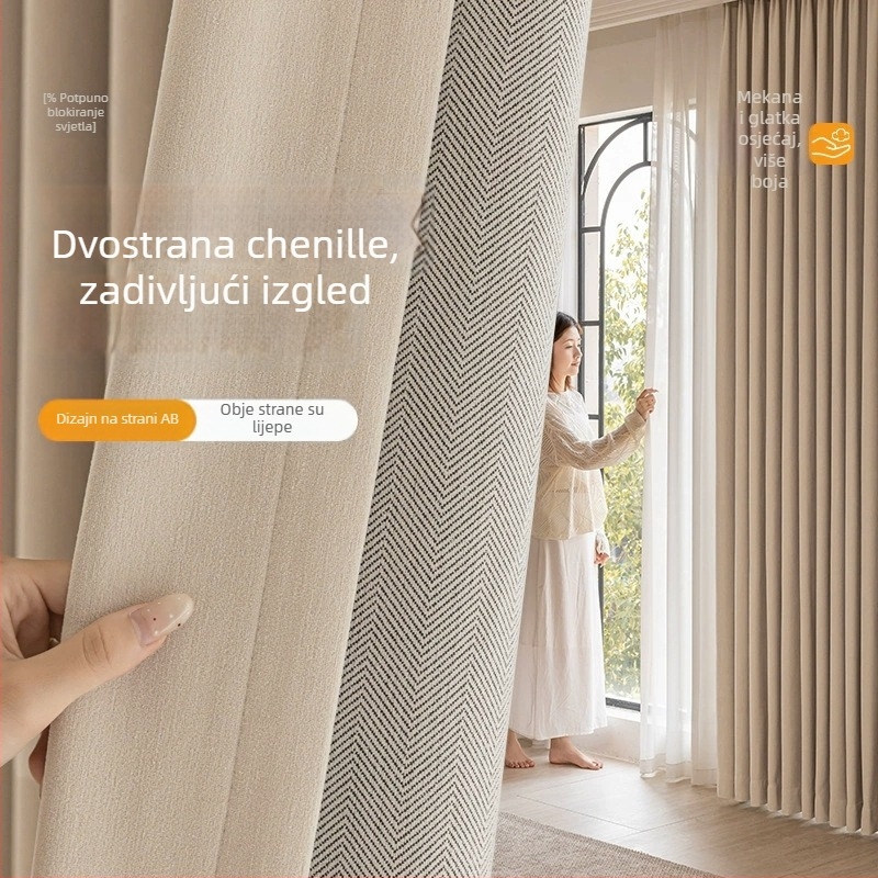 Dvoslojno Chenille zavjese s uzorkom ribje kosti, zatamnjenje 70–90%, kremasti stil