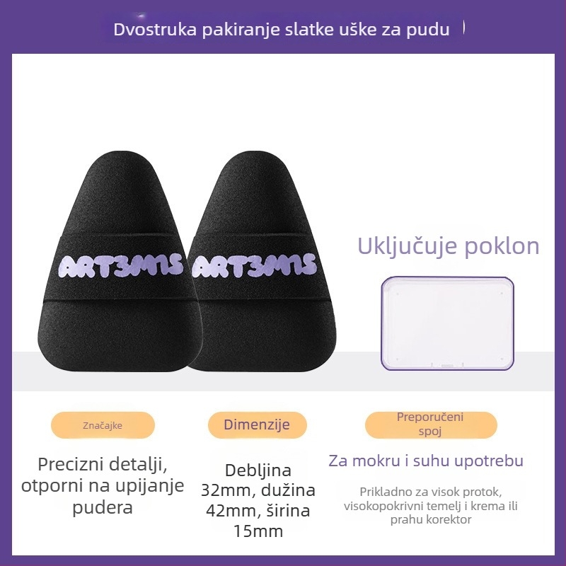 Dvostrani flokirani puder spužvica, kapljastog i breskvinog oblika, poliuretan, 1 kom