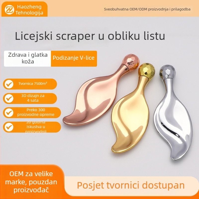 Listno-oblik kozmetički masažni alat za lice s jednim kugličnim valjkom, metalni valjak, cinkov legura, ručna upotreba