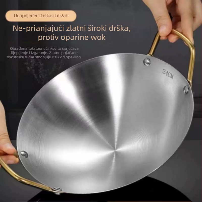 Wok od nehrđajućeg čelika, bez premaz, s jednim dnom, kompatibilan s plinskim štednjakom, kineski stil, mogućnost prilagodbe, model 5