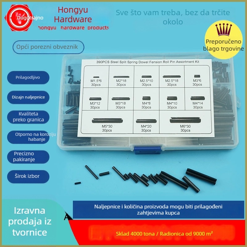 Set elastičnih cilindričnih pinova, 390 kom., 304 nehrđajući čelik, bez površinske obrade, u kutiji