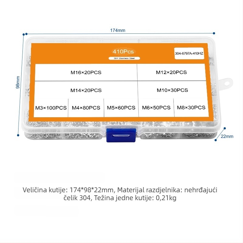 Set podloški 410 kom., od nehrđajućeg čelika 304, vanjskim zubnim zateznim podloškama, plosnatim podloškama, brtvenim podloškama, zaustavnim podloškama, Klasa A, Nacionalni standard