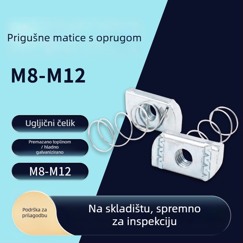 Pozlaćena ili galvanizirana opružna matica za C-oblik čeličnu komponentu — pravokutna traka matica, protivotpusti vijak, Marka Building, Standard JIS B1185-6-2010, Površinska obrada galvanizirana, Klasa B, Čvrstoća 4.8