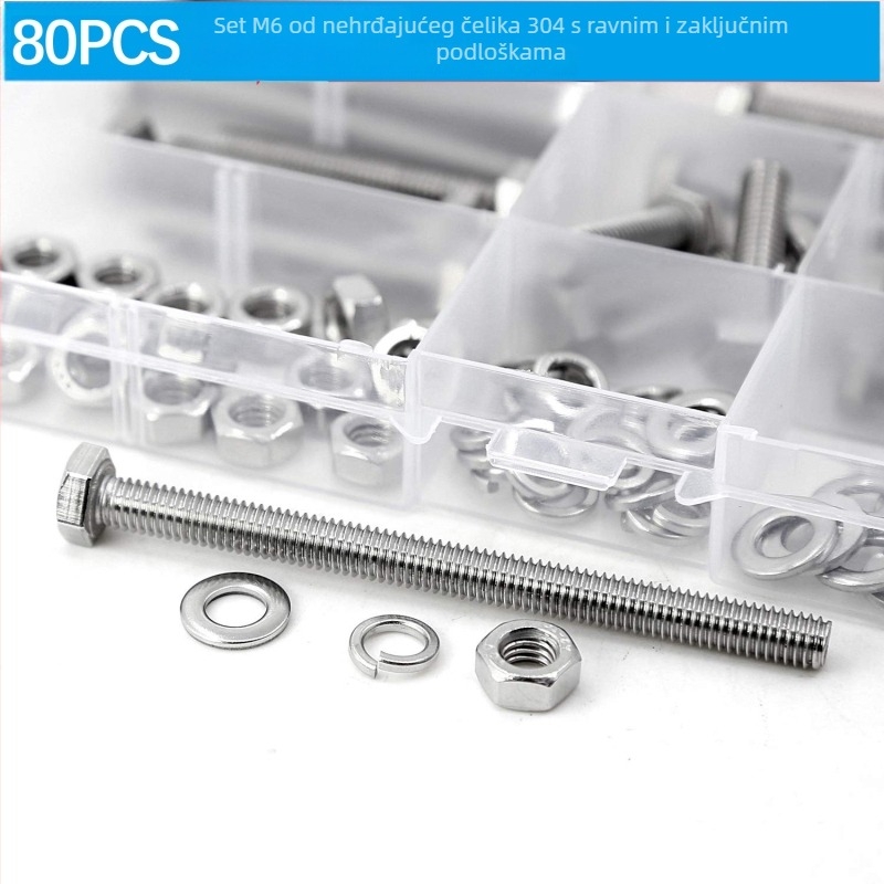 Set od 80 komada vanjskih šesterokutnih vijaka od nehrđajućeg čelika 304, s plosnatim podloškama, opružnim podloškama i maticama DIN 933