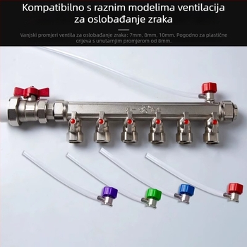 Cijev za podno grijanje s otpuštanjem vode, vodovodnim razvodom, ventilom za oslobađanje zraka i drenažnim crijevom