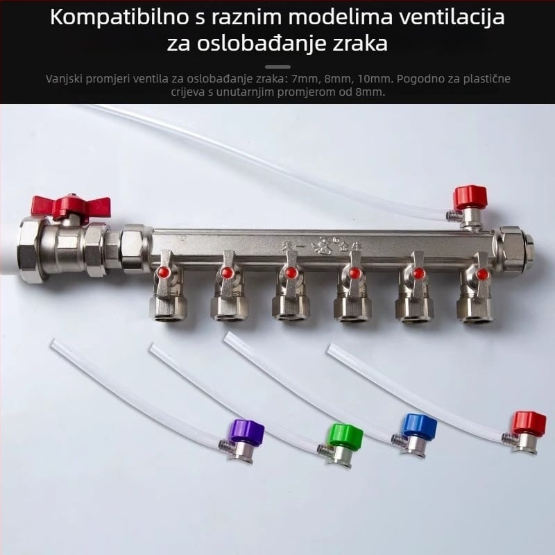 Cijev za podno grijanje s otpuštanjem vode, vodovodnim razvodom, ventilom za oslobađanje zraka i drenažnim crijevom