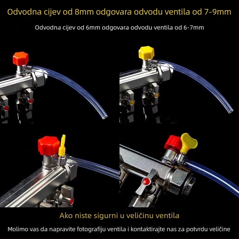 Cijev za podno grijanje s otpuštanjem vode, vodovodnim razvodom, ventilom za oslobađanje zraka i drenažnim crijevom