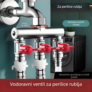 Ugradbeni zidni troputni kuglasti ventil s razdjelnikom za perilicu rublja, legura, premaz pečenog završnog sloja, 4-portna veza