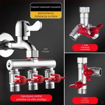 Ugradbeni zidni troputni kuglasti ventil s razdjelnikom za perilicu rublja, legura, premaz pečenog završnog sloja, 4-portna veza