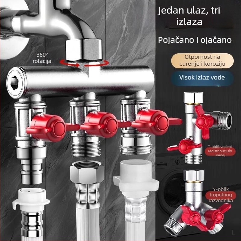 Ugradbeni zidni troputni kuglasti ventil s razdjelnikom za perilicu rublja, legura, premaz pečenog završnog sloja, 4-portna veza