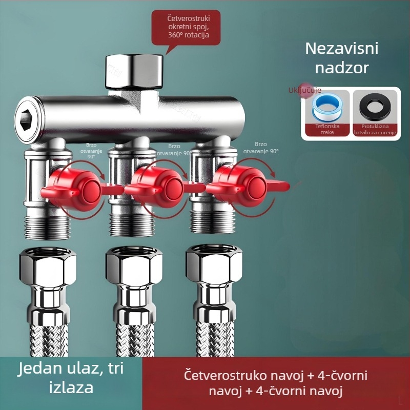 Ugradbeni zidni troputni kuglasti ventil s razdjelnikom za perilicu rublja, legura, premaz pečenog završnog sloja, 4-portna veza