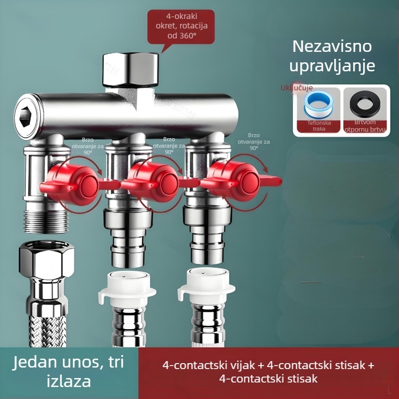 Ugradbeni zidni troputni kuglasti ventil s razdjelnikom za perilicu rublja, legura, premaz pečenog završnog sloja, 4-portna veza