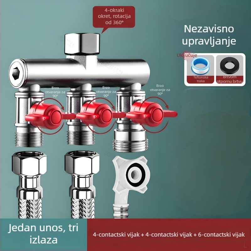 Ugradbeni zidni troputni kuglasti ventil s razdjelnikom za perilicu rublja, legura, premaz pečenog završnog sloja, 4-portna veza