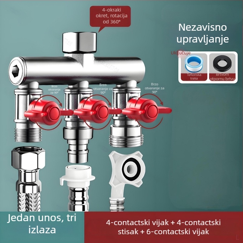 Ugradbeni zidni troputni kuglasti ventil s razdjelnikom za perilicu rublja, legura, premaz pečenog završnog sloja, 4-portna veza