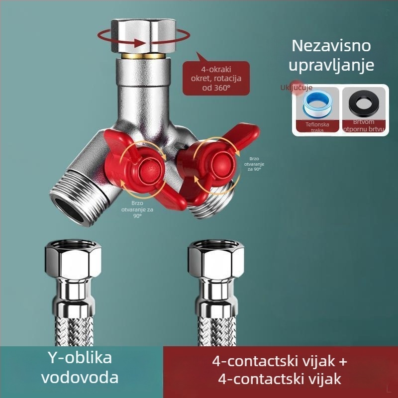 Ugradbeni zidni troputni kuglasti ventil s razdjelnikom za perilicu rublja, legura, premaz pečenog završnog sloja, 4-portna veza