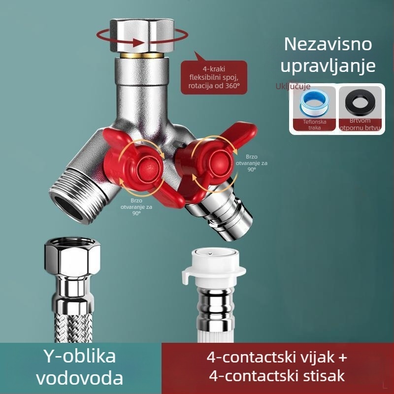 Ugradbeni zidni troputni kuglasti ventil s razdjelnikom za perilicu rublja, legura, premaz pečenog završnog sloja, 4-portna veza