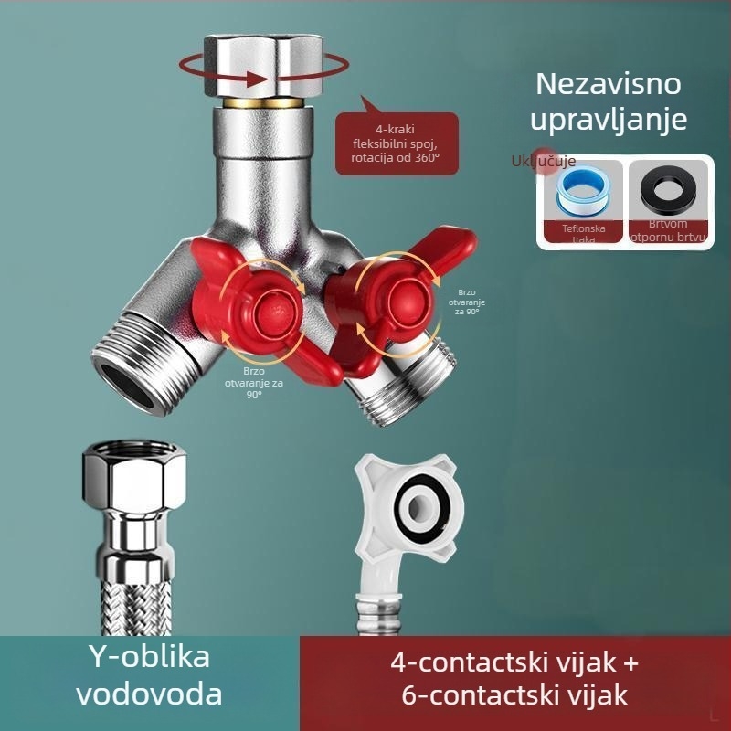 Ugradbeni zidni troputni kuglasti ventil s razdjelnikom za perilicu rublja, legura, premaz pečenog završnog sloja, 4-portna veza