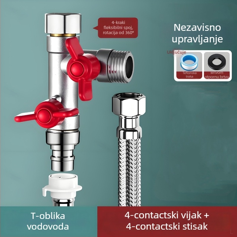 Ugradbeni zidni troputni kuglasti ventil s razdjelnikom za perilicu rublja, legura, premaz pečenog završnog sloja, 4-portna veza