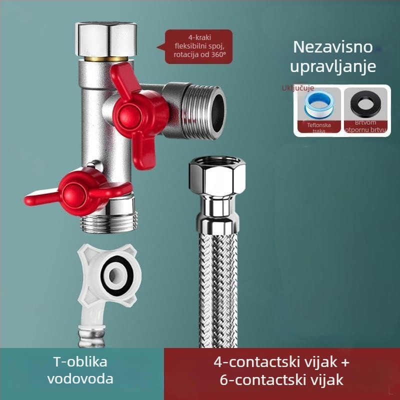 Ugradbeni zidni troputni kuglasti ventil s razdjelnikom za perilicu rublja, legura, premaz pečenog završnog sloja, 4-portna veza