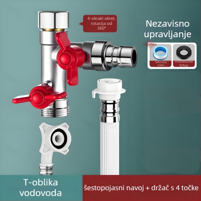 Ugradbeni zidni troputni kuglasti ventil s razdjelnikom za perilicu rublja, legura, premaz pečenog završnog sloja, 4-portna veza