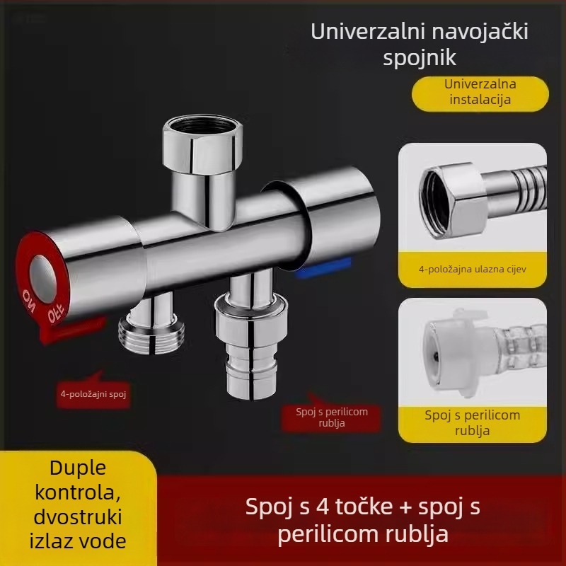 Ugradbeni zidni troputni kuglasti ventil s razdjelnikom za perilicu rublja, legura, premaz pečenog završnog sloja, 4-portna veza