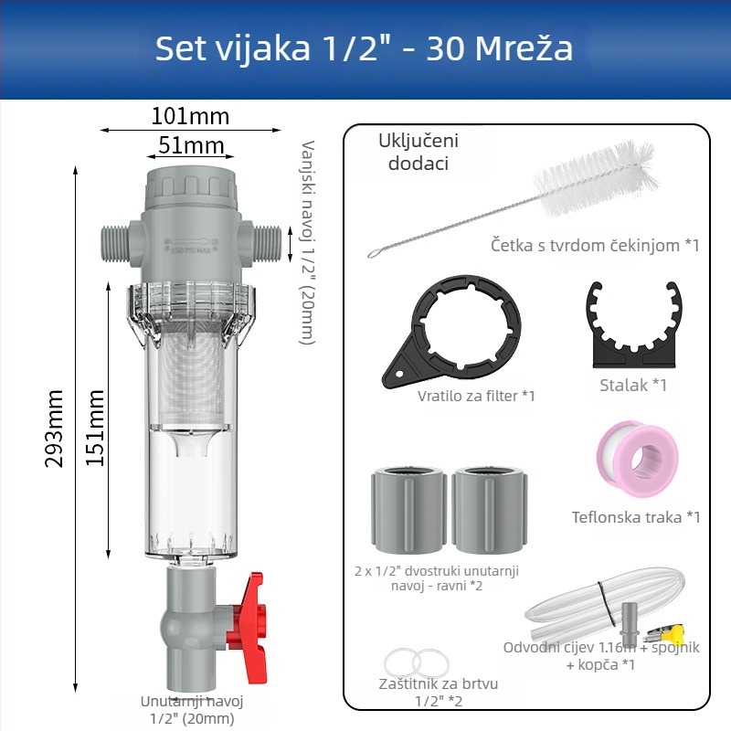 Proširivi filtr za akvarij s mrežom 10–200, sedimentacijski spremnik i kuglični ventil (filtracijsko sredstvo)
