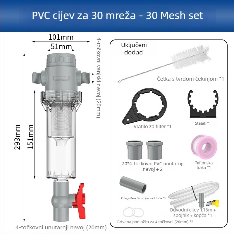Proširivi filtr za akvarij s mrežom 10–200, sedimentacijski spremnik i kuglični ventil (filtracijsko sredstvo)
