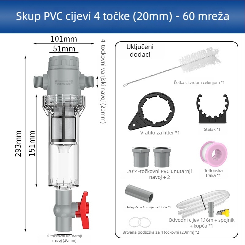 Proširivi filtr za akvarij s mrežom 10–200, sedimentacijski spremnik i kuglični ventil (filtracijsko sredstvo)