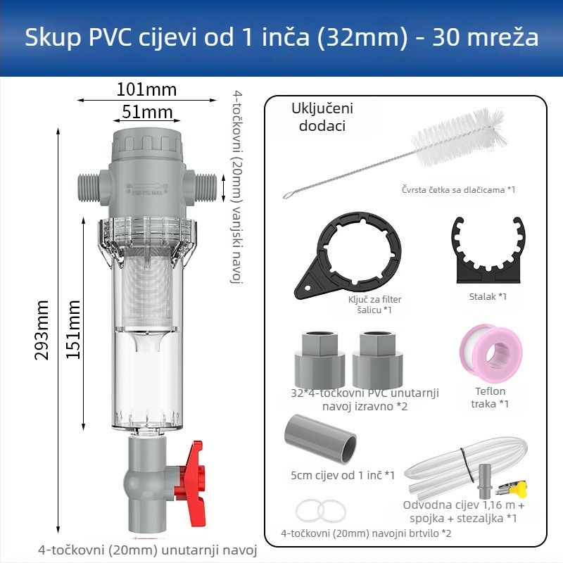 Proširivi filtr za akvarij s mrežom 10–200, sedimentacijski spremnik i kuglični ventil (filtracijsko sredstvo)