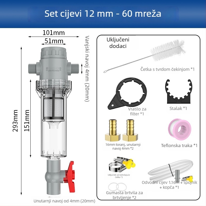 Proširivi filtr za akvarij s mrežom 10–200, sedimentacijski spremnik i kuglični ventil (filtracijsko sredstvo)