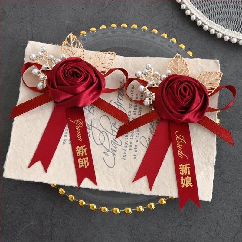 Kineski stil svadbene boutonnière — svilenim cvjetovima za mladoženju, mladenku, kuma i djeveruše, obiteljski komplet