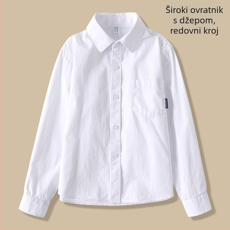 Dječja pamukasta košulja s dugim rukavima, unisex, enzimsko pranje, ovratnik rever, jednofarbni uzorak, pogodna za proljeće i jesen, za djecu stariju od 8 godina