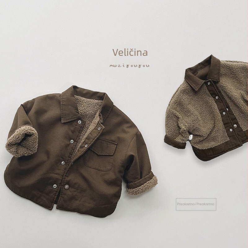 Dječja reverzibilna košulja s flis podstavom, korejski Mori retro stil, 100% pamuk, dugi rukavi, ovratnik lapel, topla za zimu, uzrast 3–8 godina