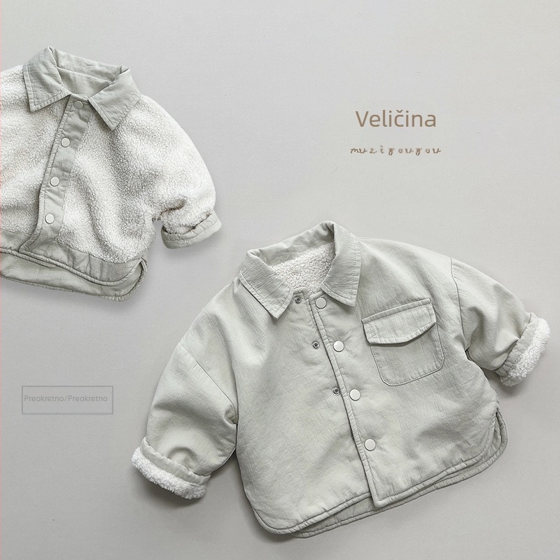 Dječja reverzibilna košulja s flis podstavom, korejski Mori retro stil, 100% pamuk, dugi rukavi, ovratnik lapel, topla za zimu, uzrast 3–8 godina