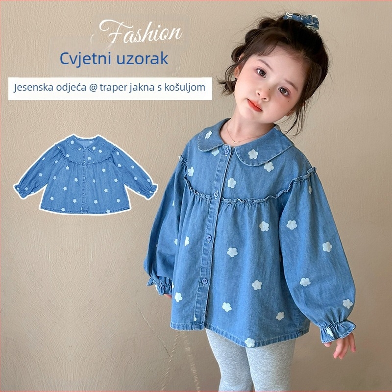 Dječja denim košulja s floralnim printom, korejski stil, dugi rukavi, rever ovratnik, za uzrast 3–8 godina, proljeće–jesen