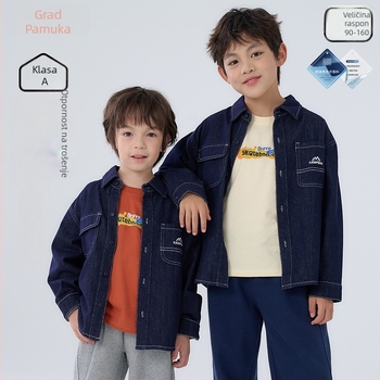 Dječja denim jakna od pamuk-mješavine – unisex, jednostruko kopčanje na gumbiće, uzorak slova, mekan završetak, proljeće/jesen, uzrast 3–8 godina