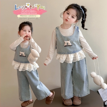 Dječji trodijelni denim set s motivom medvjeda - dugi rukav, široke hlače s trakama, proljeće-jesen, 3–8 godina