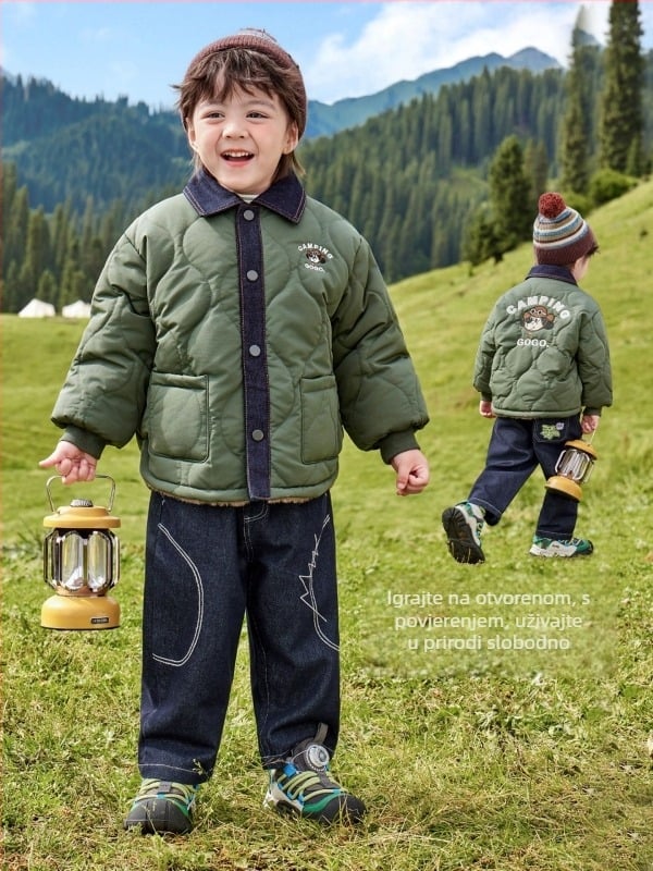 Dječji debeli kaput od poliestera s denim panelima, rever ovratnik, skriveno kopčanje, zimsko vanjsko odijelo za djecu 3–8 godina.