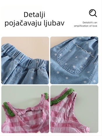 Korejski stil dvodijelni komplet za djevojčice – bez rukava majica i cropped traperice, pamuk, za uzrast 1–3 godine, ljeto