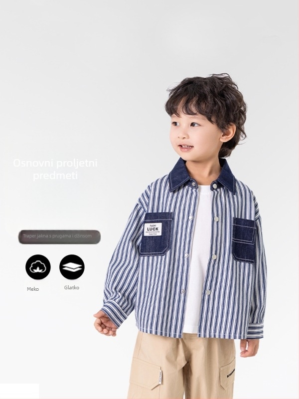 Dječja prugasta košulno jakna, korejskog stila, pamuk/denim smjesa, proljeće 2025, unisex, jednostruko kopčanje, za djecu 3-8 godina