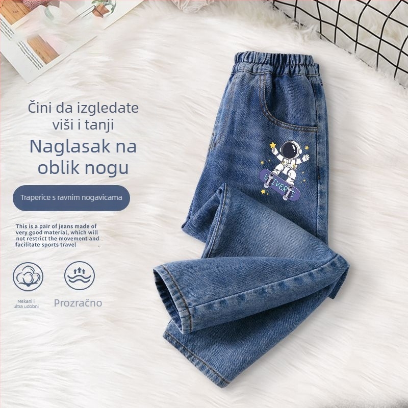 Dječje traperice za dječake, korejski stil, tkanina od pamuka 54,8%, elastični pojas, ravni kroj, za djecu od 8 godina i starije, proljeće/jesen