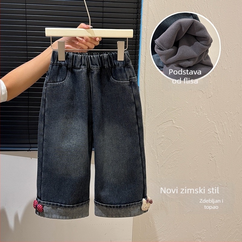 Dječje traperice s flis podstavom, korejskog stila, srednji pojas s elastikom, uzorak crtani likovi, za uzrast 3–8 godina, jesen