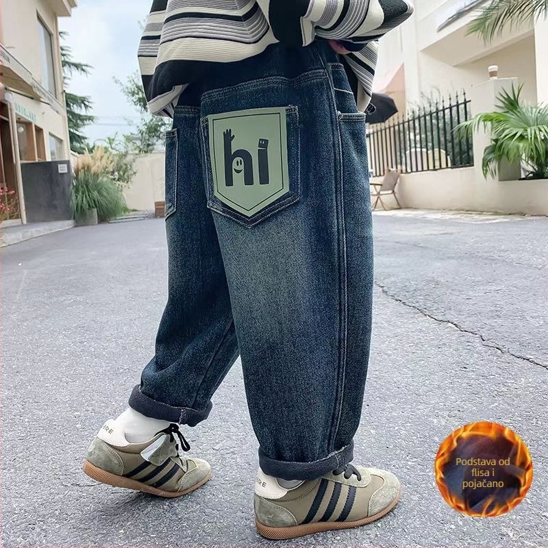 Dječje traperice za dječake, denim, korejski stil casual, s fleecem iznutra, zima 2024, srednji pojas, elastična guma u struku