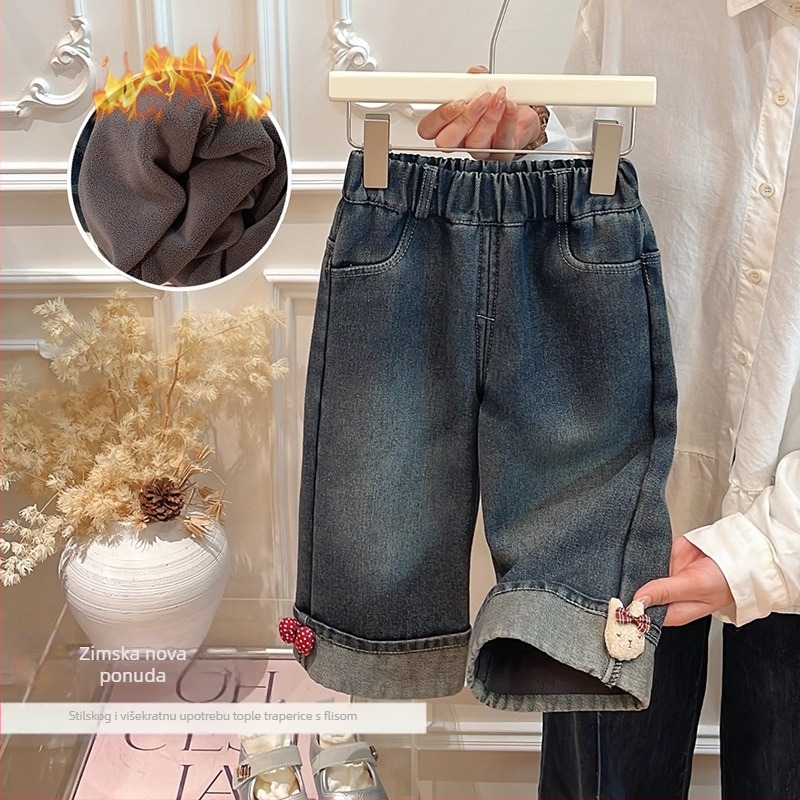 Dječje traperice s flisom, korejski stil, srednji pojas, jesensko-zimske, za djevojčice 3–8 godina