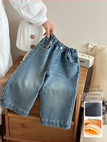 Dječje farmerice s flis podstavom, korejskog stila, 60% pamuk, cartoon uzorak