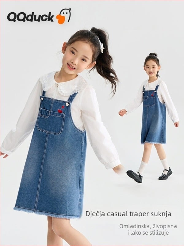 Dječja traper suknja s trakama - A-linija, pamukova smjesa, proljeće 2025, za djecu 3–8 godina