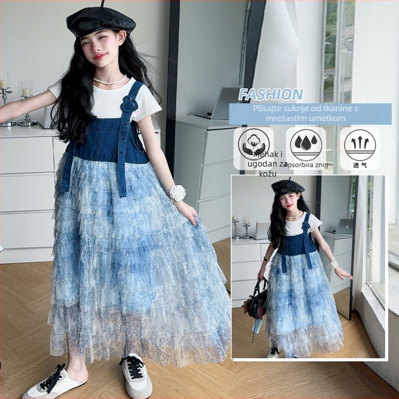 Dječja haljina - korejski stil, kratke rukave, tie-dye mreža, slojevita torta haljina, A-linijska silueta; glavni materijal 95% pamuk, podstava 89% pamuk; za djevojčice iznad 8 godina (140 cm+), ljeto 2025
