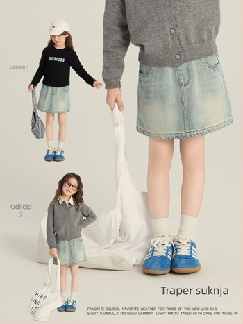 Dječja džins suknja A-line, korejskog stila, za djevojčice, 88% pamuk, 9% poliester, 3% viskoz, podstava od najlona, uzrast 3–8 godina