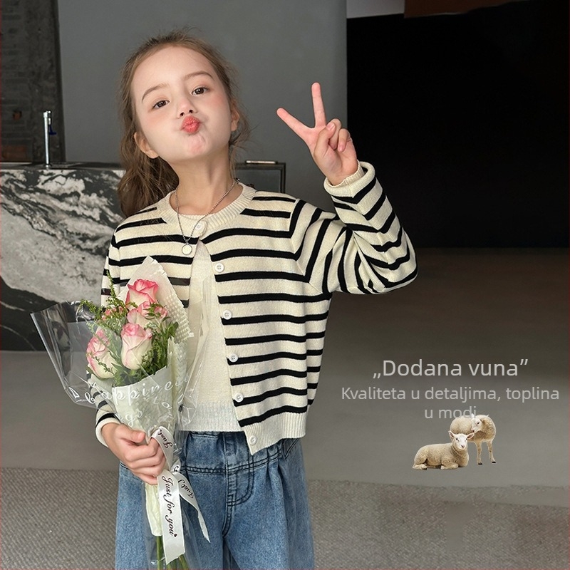 Dječji debeli pleteni kardigan s okruglim izrezom, dugim rukavima, prednje kopčanje, mekano poliestersko vlakno
